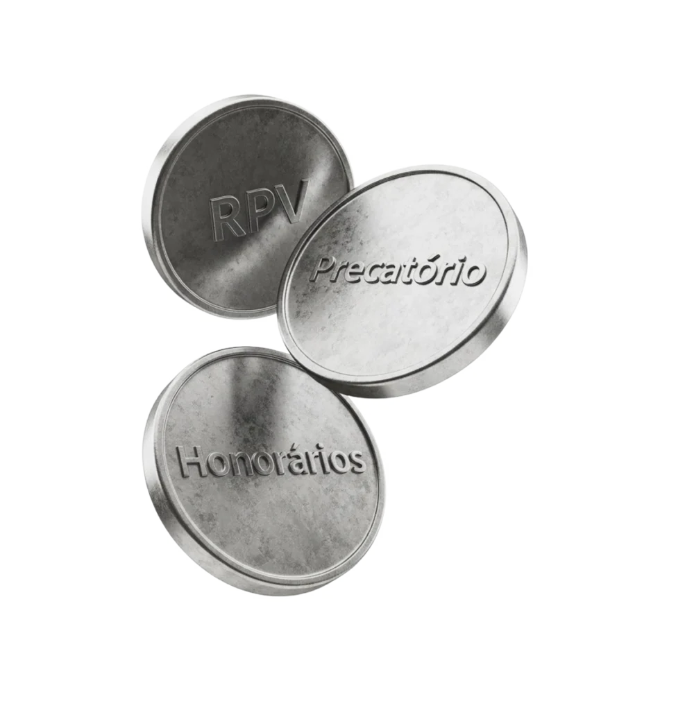 Moedas com as inscrições RPV, Precatório e Honorários
