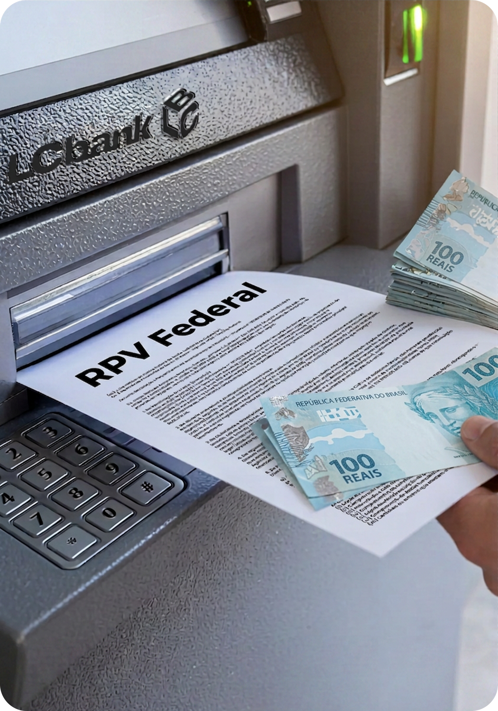 Caixa eletrônico LCbank emitindo RPV Federal e notas de 100 reais