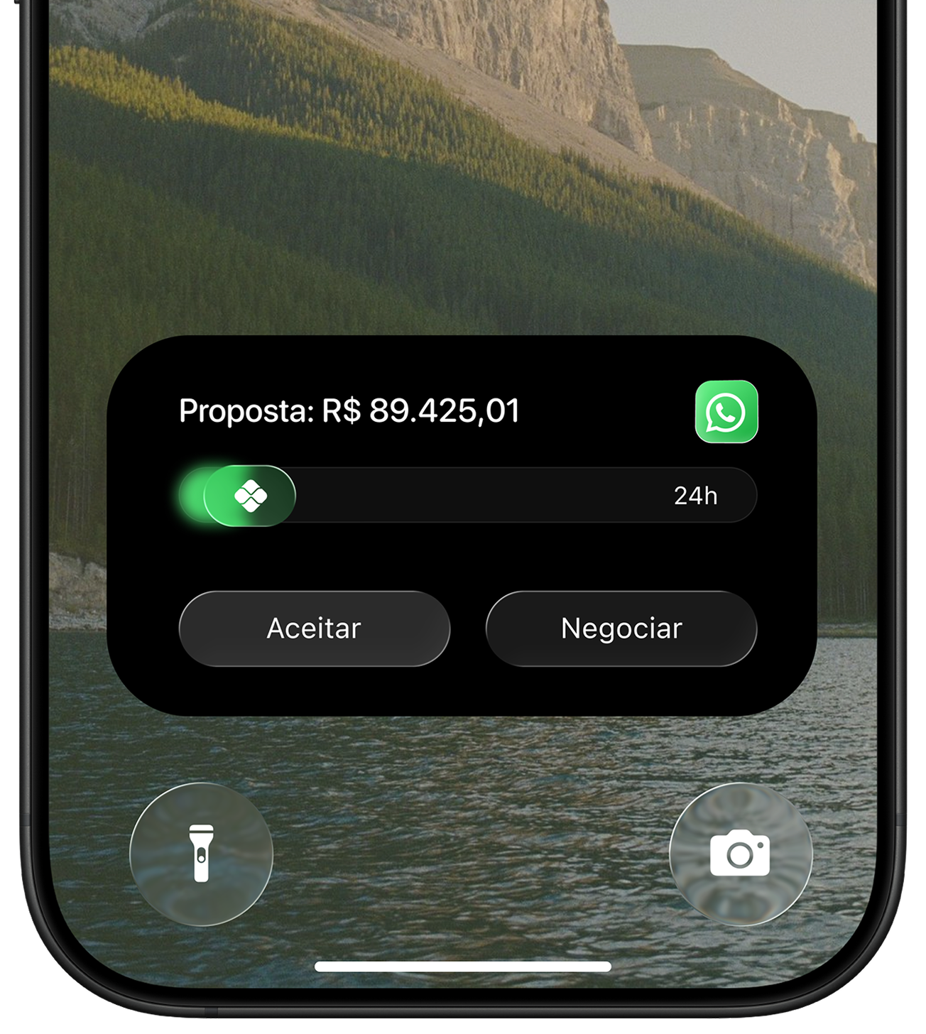 Notificação de proposta de R$ 89.425,01 no WhatsApp com opções Aceitar e Negociar.